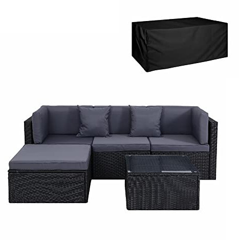 Panana Rattan Garden Furniture Set 4 Seater Wicker Patio Lounge Sofas Chairs Coffee Table Cushions Sectional Modular Combination for Outdoor Backyard Poolside (Black Wicker with Grey Cushions)