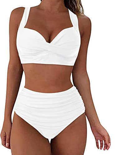 Women's Bikinis Set High Waisted Solid/Printed Ladies Bikini Set Push Up Vintage Beachwear Tummy Control Swimwear Bikini Bottoms Bandeau Bikini Top Plus Size Tankini White