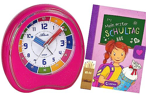 Atlanta Kinderwecker für Schulanfänger Ohne Ticken Rosa mit Lernbuch Mein erster Schultag - 1953/17 BUBS
