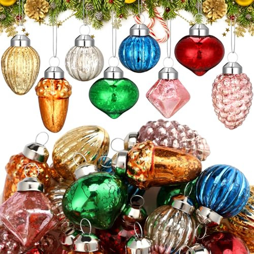 Capoda Vintage Christmas Ornaments - 32 Pcs, 1.2 Inch Antique Glass, Mini Balls, Retro Tree Ornaments for Xmas