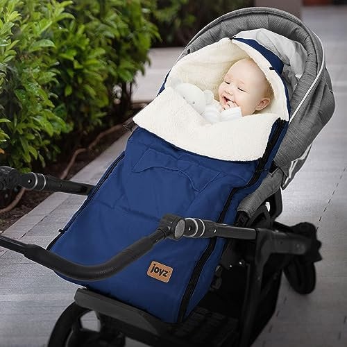 Joyz Babyfußsack, Blau, Universal Fußsack für Babyschale, Kinderwagen & Buggy, Sitzauflage aus Fleece, Kuschelsack mit Reißverschluss, Kopfteil & Tasche, Wetterfest, Antirutschnoppen, Winterfußsack