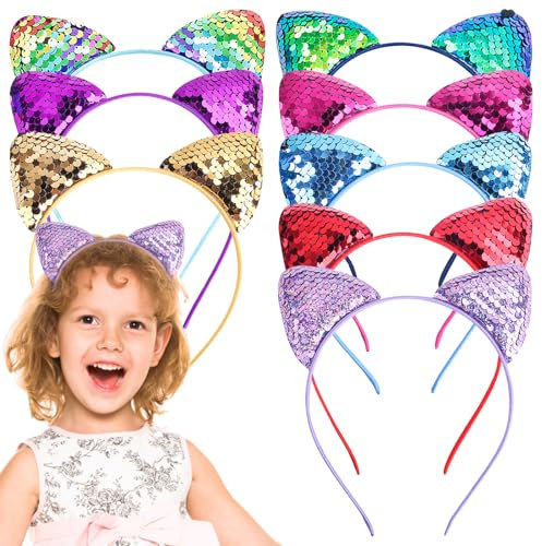 INHEMING 8 Stück Pailletten Katzenohren Stirnband, Glitzernde Katzenohren Haarreif Haarbänder Kinder, Karikatur Katzen Haarreif, Pailletten Haarreifen Haarschmuck,für Frauen Mädchen Täglich Tragen