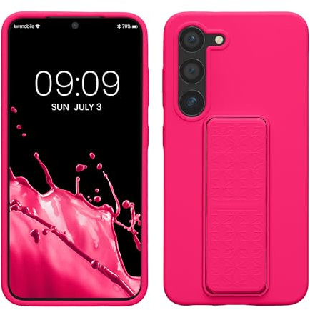 kwmobile Coque Compatible avec Samsung Galaxy S23 - Housse avec Support Doigt en TPU Silicone - Protection avec Fonction Support Rose Fluo