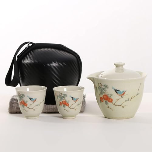 Reise-Teekannen-Tassen-Set, chinesische handgefertigte Keramik, 1 Topf, 2 Tassen, Porzellan-Teetassen mit Tee-Ei, tragbare Tasche, dunkelgrün, C