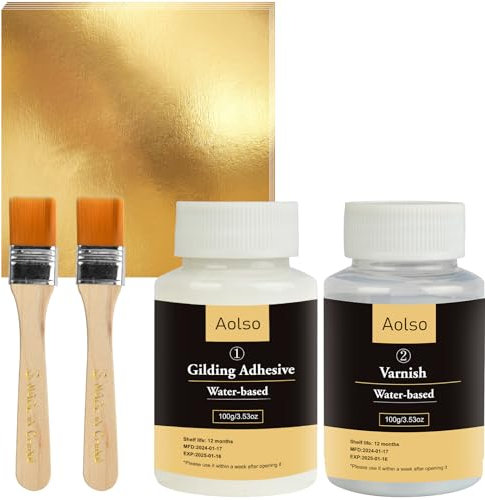 Aolso Gold Leaf Gilding Adhesive Set, 100ml Water Based Metal Leaf Glue and 100ml Varnish for Craft, Golden Leaves Sheets 100 pcs, 2 Brushes, Gold Leaf Kit for Craft, Painting and Arts