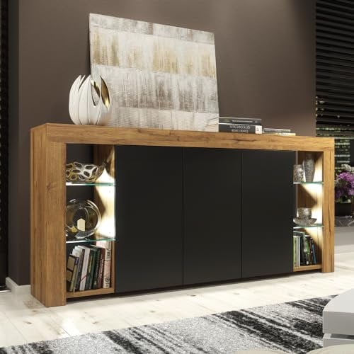Creative Furniture Sideboard 164 cm Oak TV Unit Modern Stand Black Matte Doors Free LED