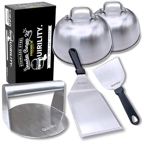Quirility® | Smash Burger Set mit Smash Burgerpresse Edelstahl, Grillspachtel & Burgerglocke | Professionelles Burger Smasher Set | EU-Zertifiziert für Lebensmittelkontakt (Premium Plus)