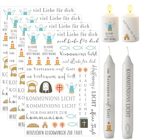 ALLAVA 4 Stück Kerzen Tattoos Kommunion A5, Kerzen Tattoo Kommunion, Kerzen Deko Kommunion, Kerzentattoos zur Konfirmation, Kommunion oder Taufe, Kommunion Kerze (Kommunion C)