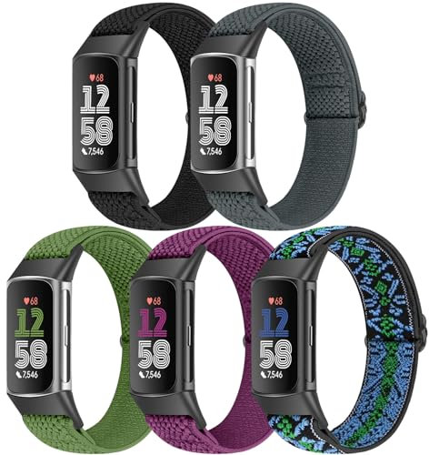 Bcuckood 5 Pack Elastic Nylon Watch Bands Compatible for Fitbit Charge 6/Fitbit Charge 5, Adjustable Breathable Replacement Stretchy Nylon Loop Wristband Sport Strap for Women Men