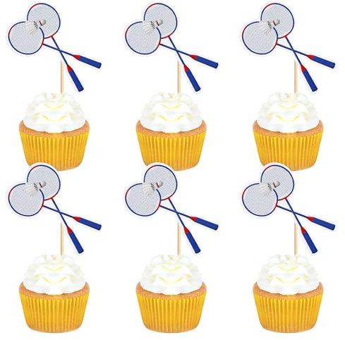 Ercadio 24 Pack Double Sided Cupcake Toppers - Sports Theme Party Cake Decorations for Badminton Birthday, Baby Shower