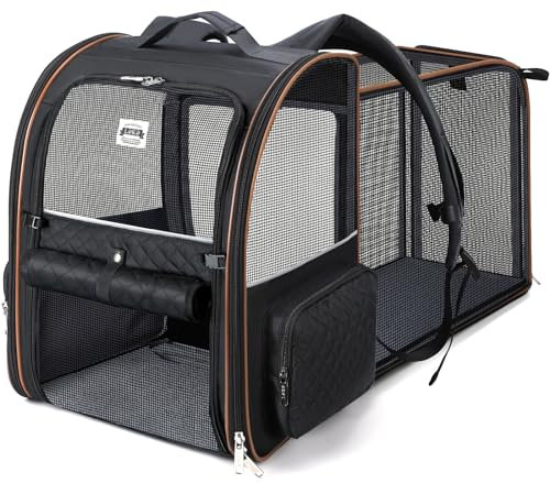 Lekebobor Großer Katzenrucksack, erweiterbar, Haustier-Tragetasche, Rucksack für kleine Hunde, mittelgroße Katzen, passend für bis zu 8,2 kg, Hunderucksack, faltbar, für Reisen, Schwarz
