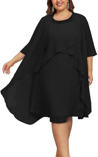 Hanna Nikole Damen Große Größe Chiffon Rüschen Strickjacke Promkleider Damen Pailletten Rundhals für Damen Hochzeitsgast Abendkleid Black 46