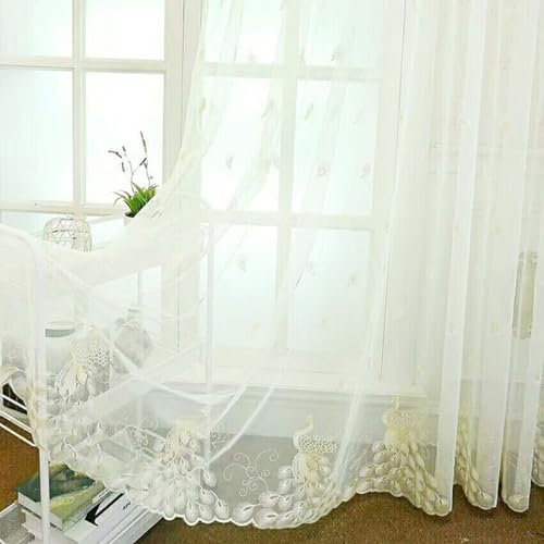 Homxi Transparent Vorhang Balkon 2er Set,2 x 96W x 214H cm,Vorhang Transparente Gardine Gelb Stickmuster Gardinen für Gardinenhaken