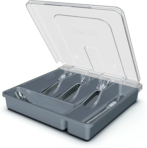 QINOL Silverware Organizer with Cover, Portable Cutlery Holder Flatware Tray with Lid Plastic Silverware Storage Box (Dark Gray)