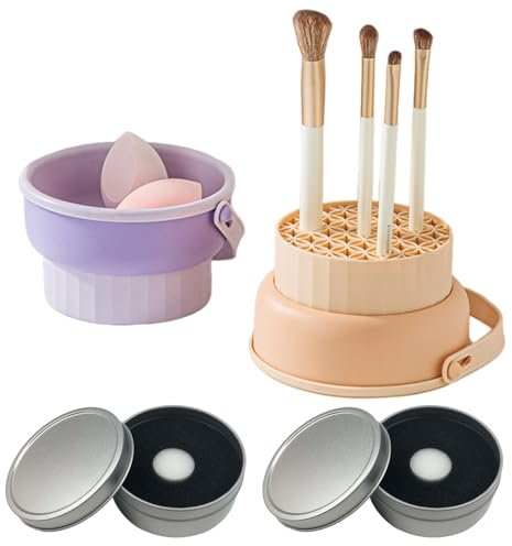 WhaleO Limpiador de Brochas de Maquillaje 3 en 1, Limpia Brochas Maquillaje Makeup Brush Cleaner y Esponja de Eliminación de Color, Soporte de Silicona para Brochas de Maquillaje, Morado y Caqui
