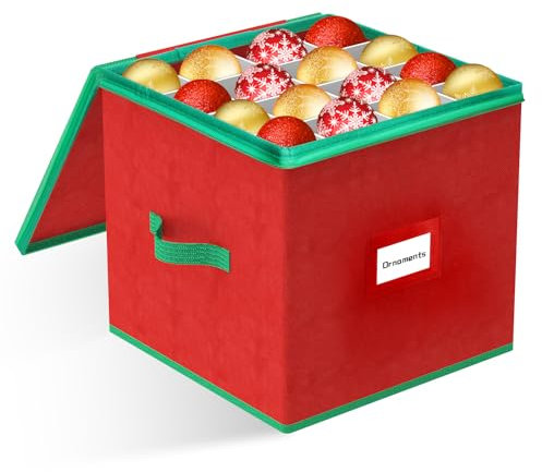 LPQKCcY Christmas Bauble Storage Box, 64 Slots Christmas Decoration Storage Xmas Tree Ornaments Organiser with Separators, Zipped Lid and Carry Handles - Tear Proof Non-Woven(Red, 33 x 33 x 33 cm)