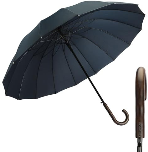ZOMAKE Regenschirme Groß 55 inch,16 Streben Stockschirme Groß Sturmfest Mit Auf-Zu-Automatik Für Herren Damen,Travel Schirm XXL Stabil Mit Holzgriff Wellengriff(Marineblau-C)