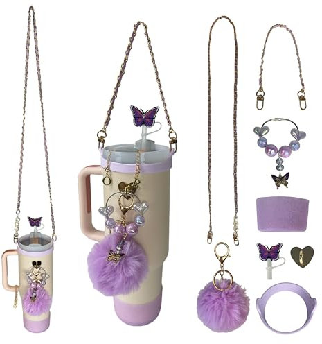 Charm Water Bottle Carrier Crossbody Strap With Handle For Stanley 40/30/20 oz Tumbler For Owala/BrüMate Era/HydroJug/Hydro Flask Water Bottle Carrier 20/24/30/32/40 Oz Accessories Purple