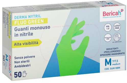 Bericah NUOVI Guanti monouso in nitrile DERMA NYTRIL alta visibilità colore verde marchio BOX DA 50 PEZZI AMBIDESTRI PRODOTTO ORIGINALE CERTIFICATO (L)