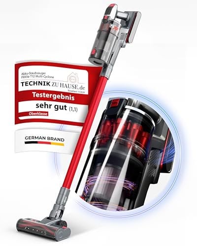 Flixxe T12 Akku-Sauger mit 12 Kammern-Zyklonen-Technologie, echte 29 kPa Saugleistung, 60 Min Laufzeit, X-SCAN-Technologie, LED-Lichtbürste – Leicht 3 kg, wechselbarer Akku, Beutellos, HEPA-Filter