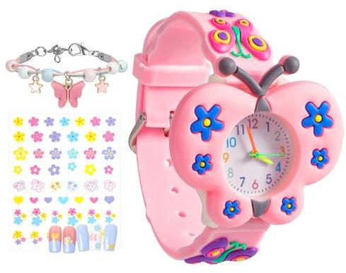 Orologi Bambina Orologio Ragazza con 3D Rosa Farfalla Cartone Animato Cinturino in Silicone Movimento al Quarzo Kids Orologio Bambini Con Adesivi per Unghie, Braccialetto per Ragazze da 3-10 Anni