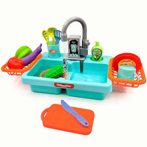 Acelane Juego de juguetes para fregadero de cocina con grifo de reciclaje de agua y lavabo, juego de rol para niños (azul)