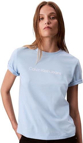 Calvin Klein Damen T-Shirt Kurzarm Logo Classic Regular Fit, Blau (Cerulean), L