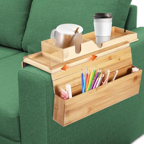 Plateau d'accoudoir de canapé flexible en bois de bambou - Accoudoir - Plateau antidérapant - Pour collations, téléphone portable, contrôle, tasses, flexible et pliable