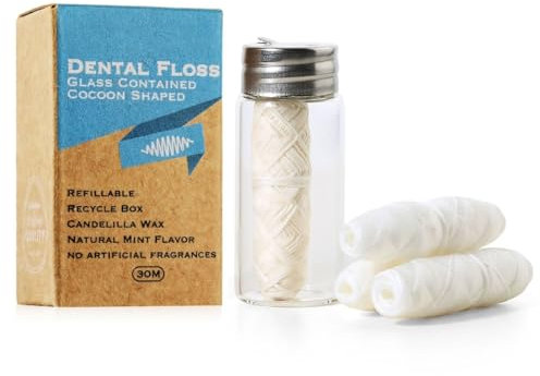 Ricariche di filo interdentale in seta naturale (3 x 30 m) | Biodegradabile, senza plastica e vegana | Cera Candelilla alla menta | Kit Zero rifiuti con supporto in vetro e contenitore ricaricabile |