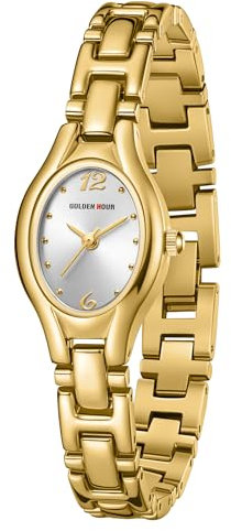 GOLDEN HOUR Armbanduhr Damen Kleine Ovale Klassische Analoges Quarzwerk Uhr Gold Damen Vintage Wasserdicht Modisch Lässig Damenuhr mit Edelstahlarmband für Frauen Mädchen