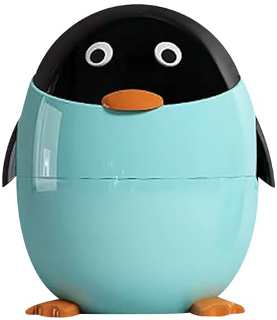 Cartoon Penguin Plastic Trash Can with Lid Bedroom Large Capacity Wastebasket Storage Container for Home Kitchen Dressing Off Ice Kids Bins (Blue, 31x25cm)