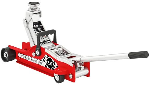 Martinetto idraulico da pavimento a basso profilo HOMCOM, carrello elevatore in acciaio per carichi pesanti da 2,5 tonnellate con portata di sollevamento di 80-360 mm, ruote, maniglia superiore, rosso