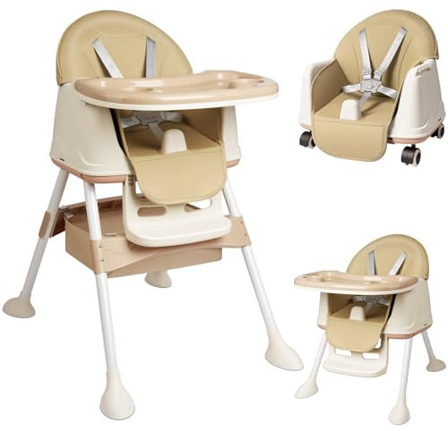 Kidsbuddy 4 in1 Hochstuhl Baby,Kinderhochstuhl,Kombihochstuhl,Verstellbarer Umwandelbarer Babyhochstuh mit Sicherheitsgurte,Tablett,Einfach zu Reinigen,Babystuhl Sitz ab 6 Monat bis 6 Jahre,Beige