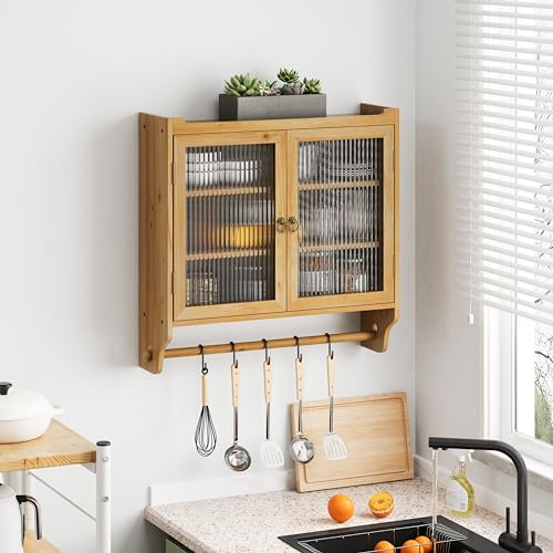 Gabinete de pared de vidrio de 63 cm con tres compartimentos de almacenamiento con estante para toallas, para baño, cocina, comedor, color original Wood Color (color madera original)