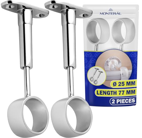 2 Stück Kleiderstangenhalter Ø 25 mm x 77 mm - Stangenhalterung mit Chrombeschichtung Geeignet für Begehbarer Kleiderschrank System - Garantie 10 Jahre - MONTERAL