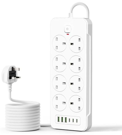 AOUOO Extension Lead with 3 USB Slots (3.4A) and 3 C, 8 Way Plug Extension Socket Surge Protection Power Strip with 2M Extension Cable, 13A/3250W Switch Surge Protected Power Strips for Home -White