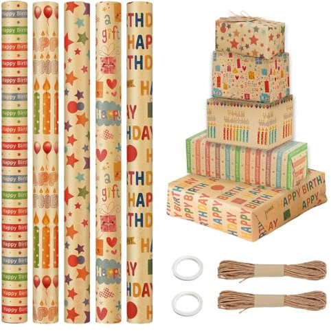 CAAGGMM Geschenkpapier Geburtstag, 5 Stück 43 x 300 cm Kraftpapier, Verpackungspapier mit Kraftband und Doppelseitigem Klebeband, Gemischtes Muster Wrapping Paper, für Jungen und Mädchen, Braun