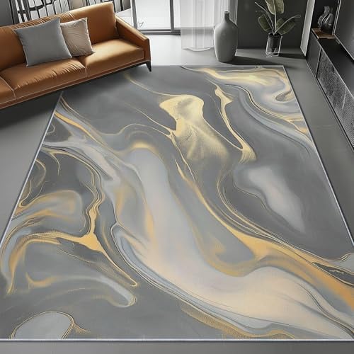 AUWUUA Abstrakt Teppich Wohnzimmer 100x150cm Kurzflor Aquarell Marmor rutschfest Waschbare Teppiche für Schlafzimmer, Esszimmer, Bettvorleger, Küche, Badezimmer, Heimbüro, Fußmatte Innen, Grau Gold