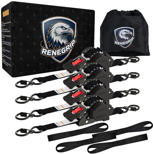 Renegrip Retractable Ratchet Straps Heavy Duty Tie Down 1''*12ft Breaking Strength 1760LBS Cargo Securing System,for Motorcycle,UTV,ATV,Trailer(Black,4Pack)