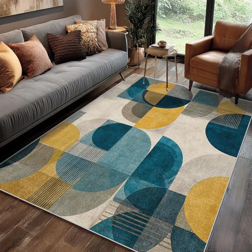 Mid Century Modern Teppich 200 x 300 cm Wohnzimmer Mit Geometrisch Abstrakt Vintage Antik Blau Gelb Muster, Mid Century Modern Bettvorleger Schlafzimmer Deko, Waschbar Teppich Kurzflor rutschfest