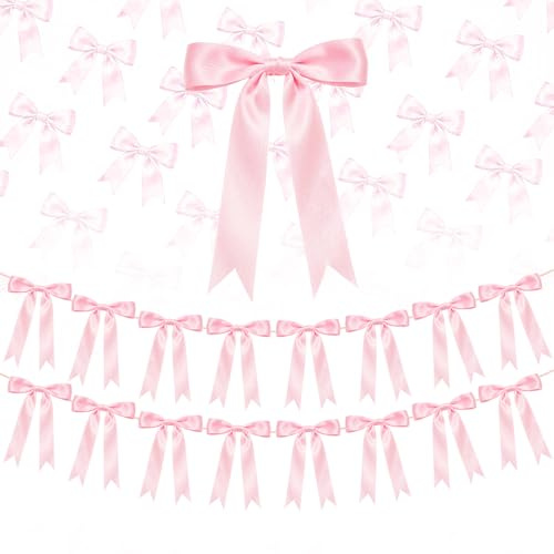 2 Strings Pink Bow Garland Banner Decorations, 16Pcs Pre-Strung Satin Ribbon with 6.7ft Chain for Girl Pink Ribbon Bow Banner Coquette Room Birthday Baby Bridal Shower Wedding Bachelorette Party Decor
