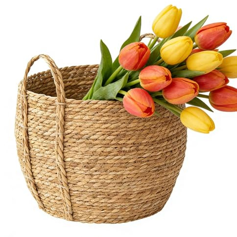 Cesta de mimbre para macetas, cesta de almacenamiento con asa, cesta de mimbre para plantas de interior, para dormitorio, habitación de los niños, balcón, patio, granja