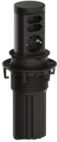 Bachmann Elevator 2 Steckdoseneinheit Schwarz – Versenkbare Tischsteckdose mit 3 Steckdosen (1x Schutzkontakt + 2X Euro), Installationsanschluss, 0,5 m Kabel