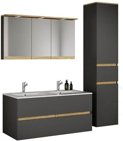 VCM 4-TLG. Doppelwaschtisch Cosila mit Doppel Keramikbecken – Badschrank H. 51 x B. 111 x T. 51 cm mit 2 Softclose-Schubladen, Spiegelschrank mit Beleuchtung & Steckdose und Hochschrank Cosila-I
