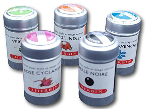 Pack of 18 J Herbin Writing Ink Cartridges - Asst colours, includes blue, orange, black, pink and green