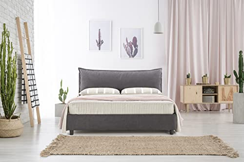 EVERGREENWEB Letto con Contenitore con Materasso Matrimoniale e Rete Doghe in Legno + 2 Cuscini Memory, Testiera in Tessuto Sfoderabile color Grigio Scuro, Stile Moderno ideale per Camera da Letto