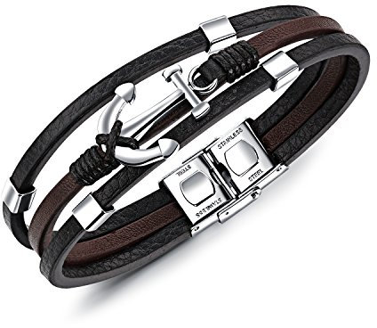 SIXLUO Herren Fashion Männlich Echtlederarmband Armband mit Edelstahl Anker Handgefertigt Verschluss aus Edelstahl
