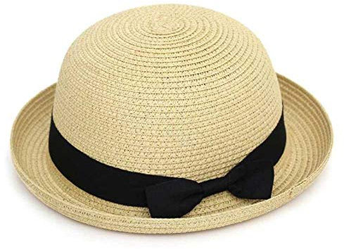 AIMICONG Sombrero Sombreros De Sol De Verano Simples Sombrero De Panamá Informal para Mujer Dama para Mujer Sombrero De Paja Plano con Borde Redondo Bowknot A