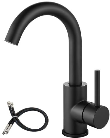 Airuida Robinet d'évier de bar à trou unique pour salle de bain et cuisine - Petit robinet d'évier de camping-car - Noir mat - Montage sur pont SUS304 - Poignée unique - Un trou - Bec pivotant à 360