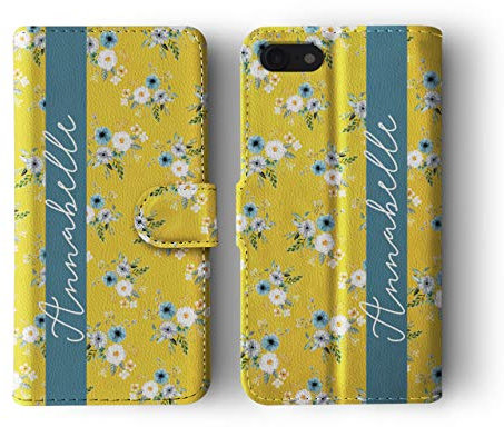 Tirita Personalised Leather Flip Wallet Phone Case with Card Holder Compatible with iPhone 11 - Vintage Shabby Chic [13 - Yellow Retro Floral]